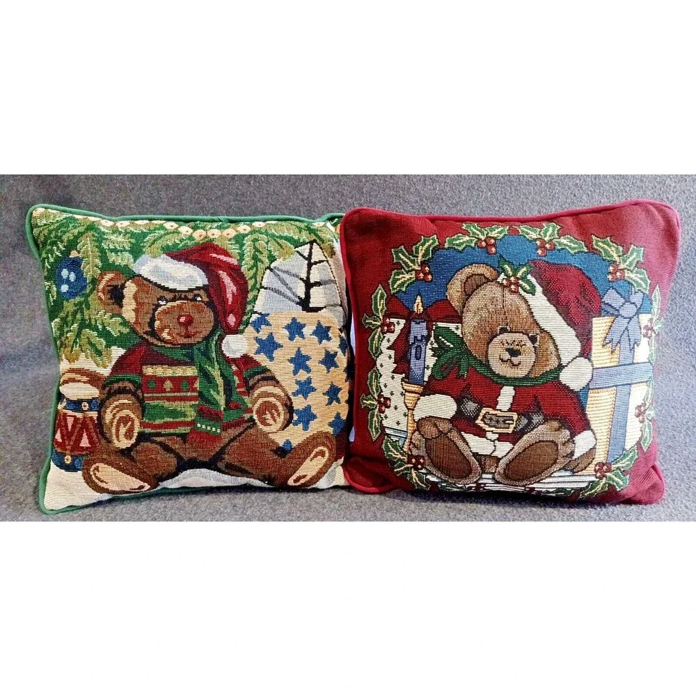 Christmas Teddy Bear Tapestry Throw Pillow Set of 2 Square Maroon & Green 12x12